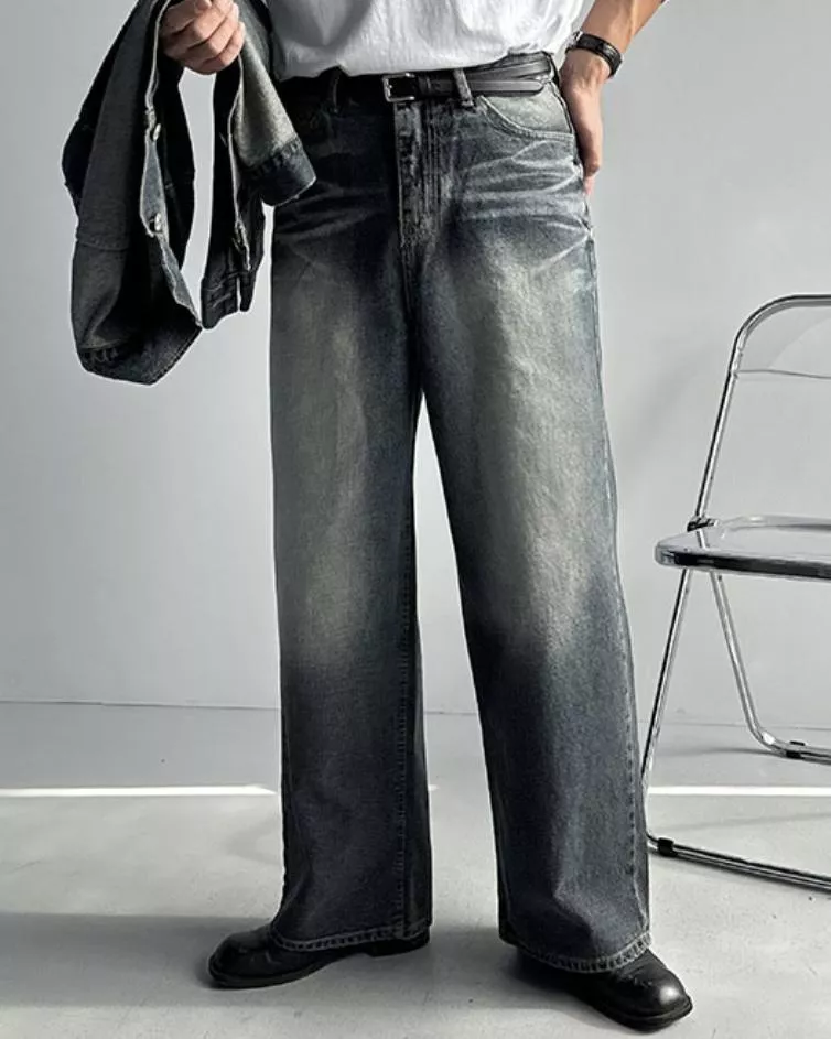 多明戈石墨感 復古刷色寬管牛仔褲