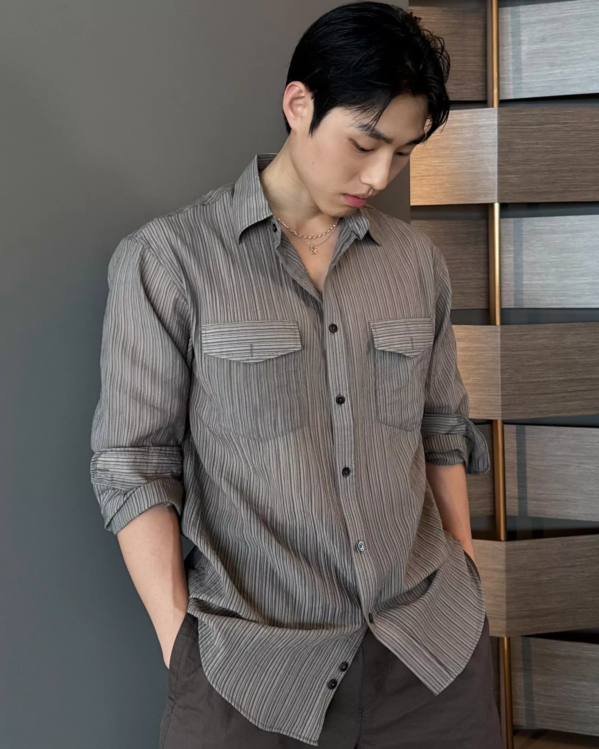 摩卡虛紋 薄透膚性感亞麻襯衫