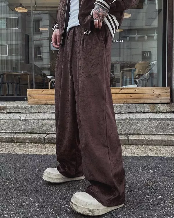 街頭運動感 雙褶寬版天鵝絨鬆緊褲 (可ꜱᴇᴛ)