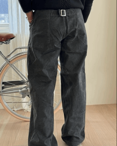 臀部特色 銀扣微調 石墨刷色亞麻闊腿褲