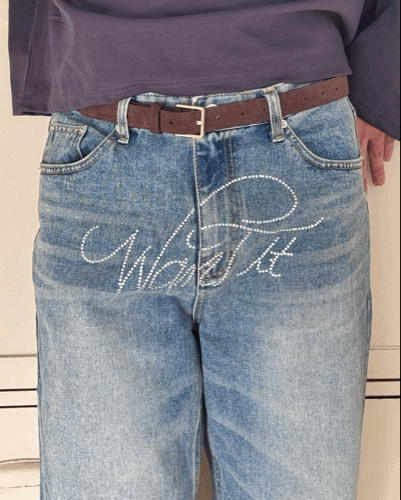 想要嗎?水鑽褲襠 水洗丹寧直筒牛仔褲