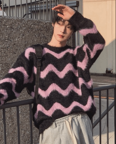 毛茸安哥拉 撞色波浪圖紋針織毛衣