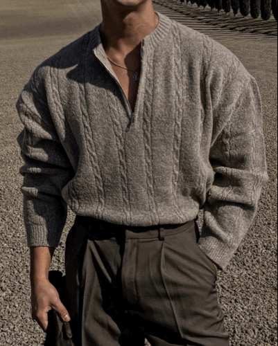 厚磅柔呢 麻花壓紋半拉鍊粗針織衫