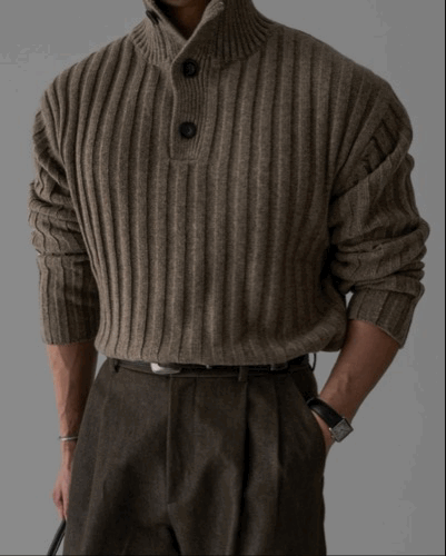 質感坑紋 美麗諾羊毛鈕扣高領針織衫