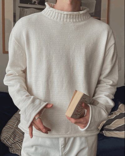 絨感雪尼爾紗織 寬短版半高領針織衫