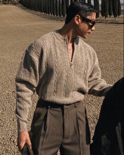 厚磅柔呢 麻花壓紋半拉鍊粗針織衫