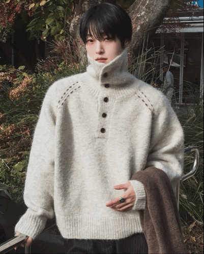 高領翻領兩式 插肩袖縫線 羊毛針織衫