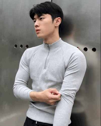 顯壯肌肉款 插肩袖彈性半拉鍊長衫