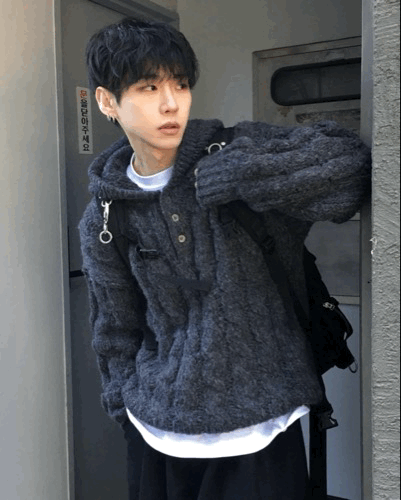 蓬鬆麻花 羊駝絨亨利領連帽針織衫