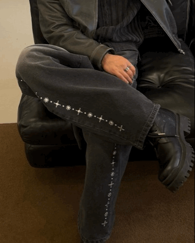 側邊條 星星鉚釘 Baggy水洗氣球牛仔褲