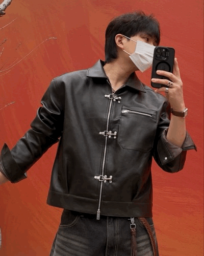 消防扣 卡車司機 寬短版 棕皮革皮衣外套