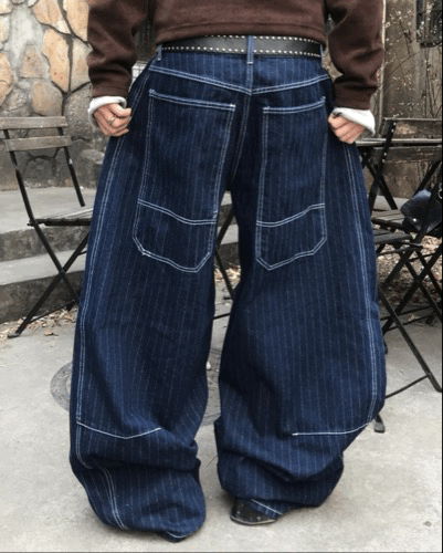 車縫曲線 弧形剪裁 丹寧條紋牛仔褲