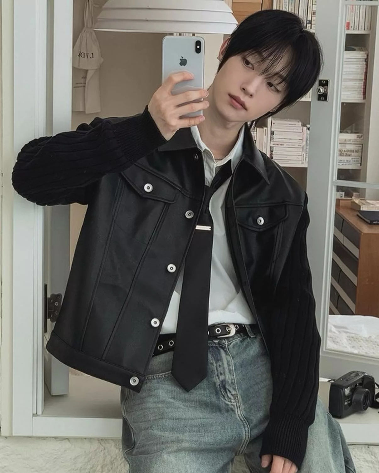 摩登高級感 針織袖 短版皮衣夾克