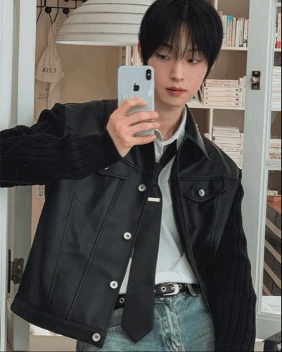 摩登高級感 針織袖 短版皮衣夾克