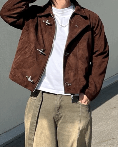 韓國爆款🇰🇷斜開消防扣 短版麂皮夾克外套