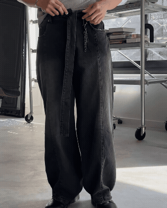 低調割線 腰帶調節 水洗寬鬆牛仔褲