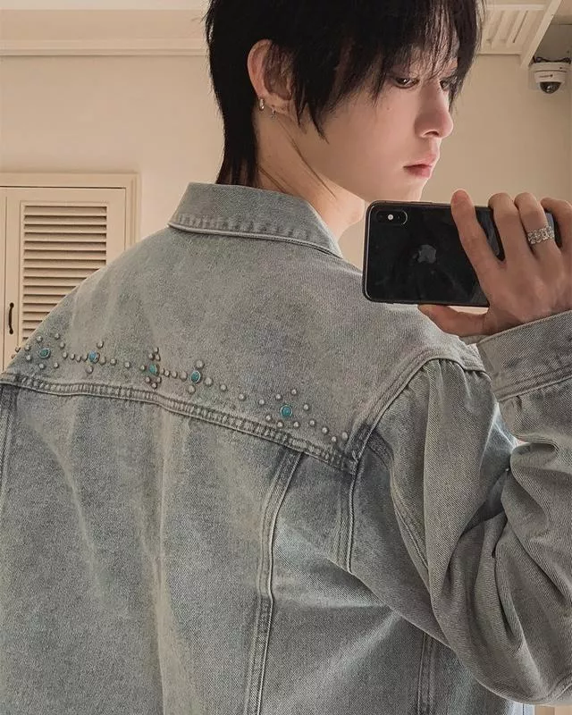 海島民俗風 鉚釘 寬短版牛仔外套