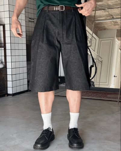 高磅 原色牛仔丹寧 深褶 百慕達短褲