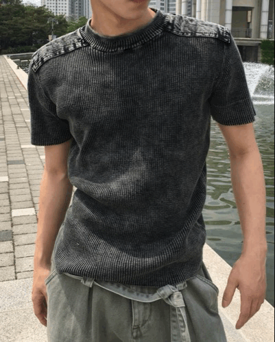 修身 肩線補丁拼接 水洗高磅短袖T恤
