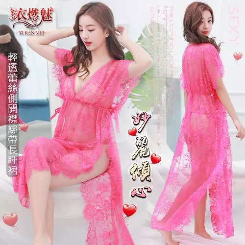 妙麗傾心！輕透蕾絲兩側開襟綁帶長睡裙#531388