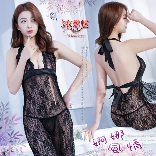 婀娜風情！高開衩美背雙綁帶蕾絲長裙睡衣#531325