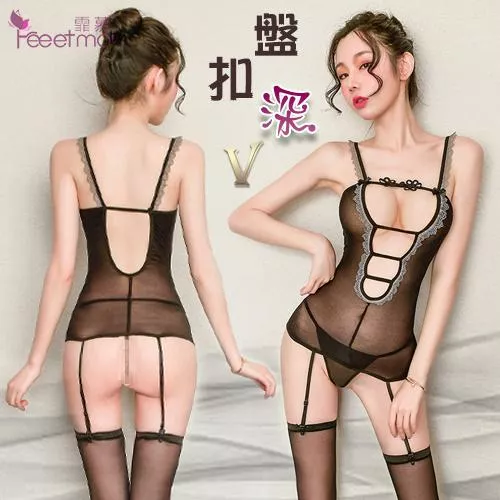 絲襪連身衣！深V橫線盤扣大面積挖空灰色花邊吊襪帶三件組#535442