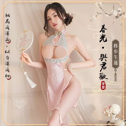 仿旗袍睡衣！古典立領盤釦滑嫩香肩鏤空雪乳連身裙兩件組#535736