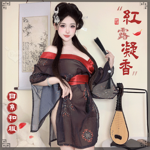 情趣和服！低領美肩日系緞面拼接薄透雪紡印花側高衩三件組#536226