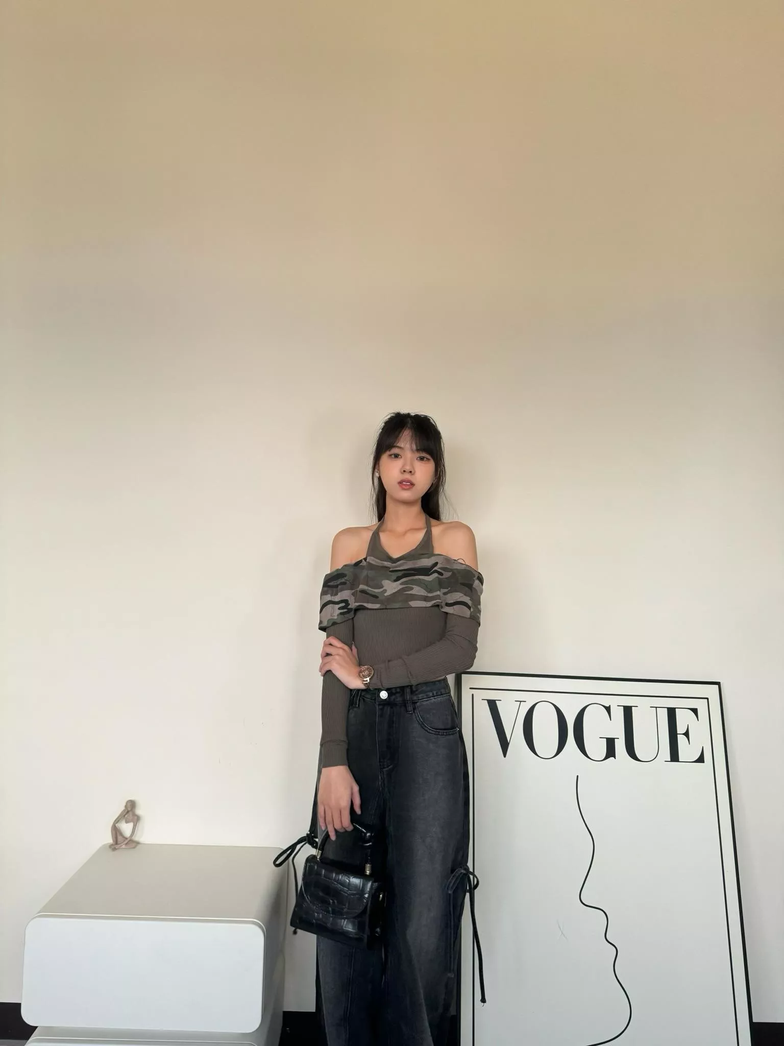迷彩拼接掛脖假兩件上衣