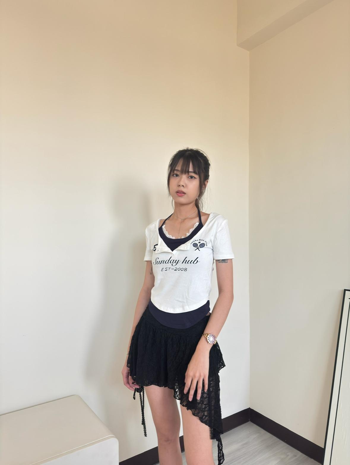 綁結蜜語假兩件式上衣（白色）