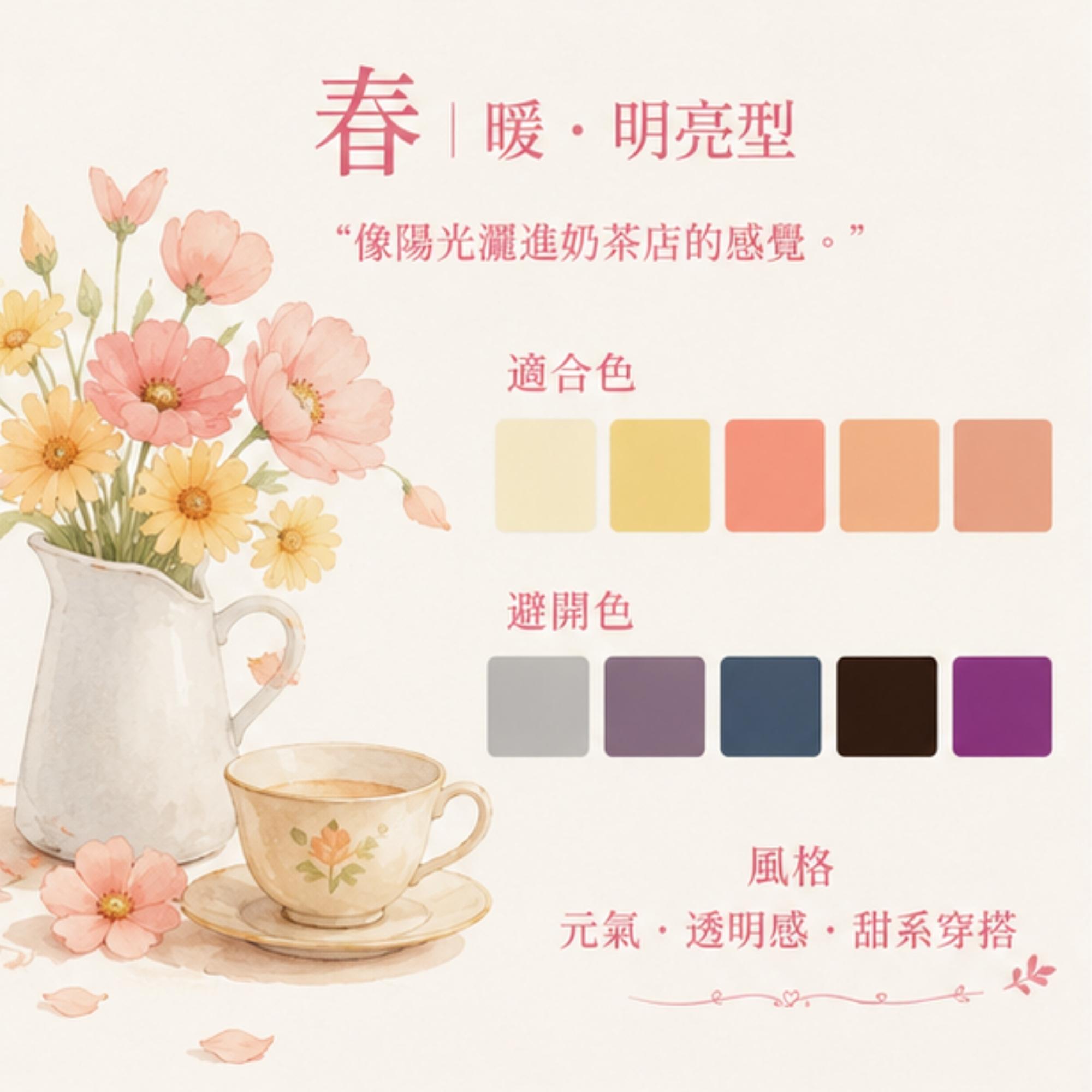 像陽光灑進奶茶店的感覺。  適合色  奶油黃／蜜桃粉／珊瑚橘／杏色  避開色  灰黑色／冷紫色／螢光色  風格  元氣、透明感、甜系穿搭