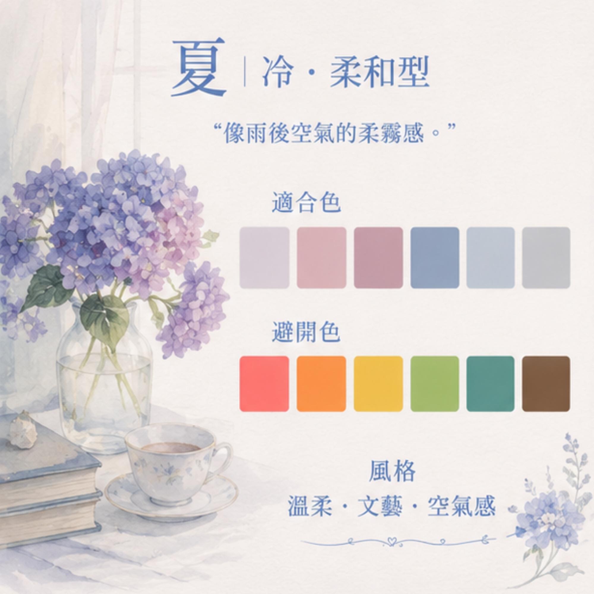 像雨後空氣的柔霧感。  適合色  灰粉／霧藍／藕紫／冷奶茶  避開色  高飽和亮色／橘黃色  風格  溫柔、文藝、空氣感