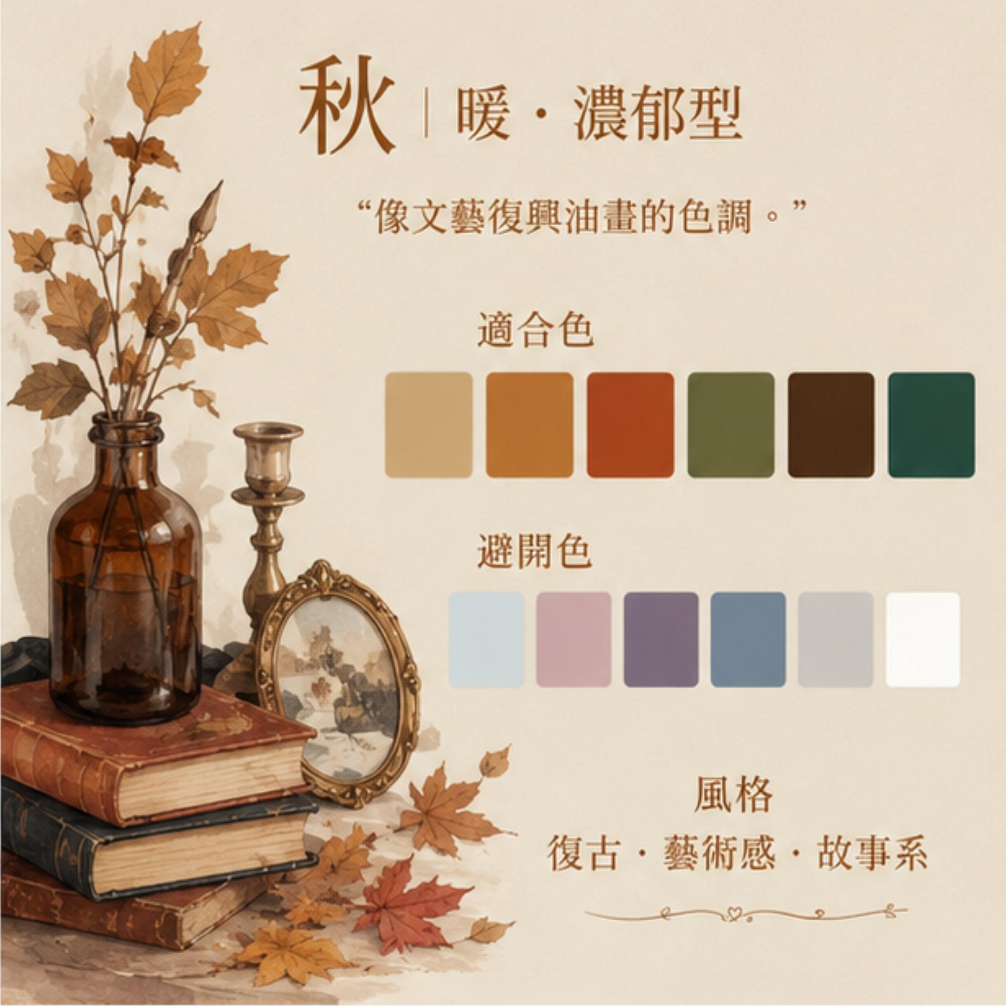 像文藝復興油畫的色調。  適合色  焦糖／墨綠／楓葉紅／琥珀棕  避開色  冰白色／冷灰色  風格  復古、藝術感、故事系