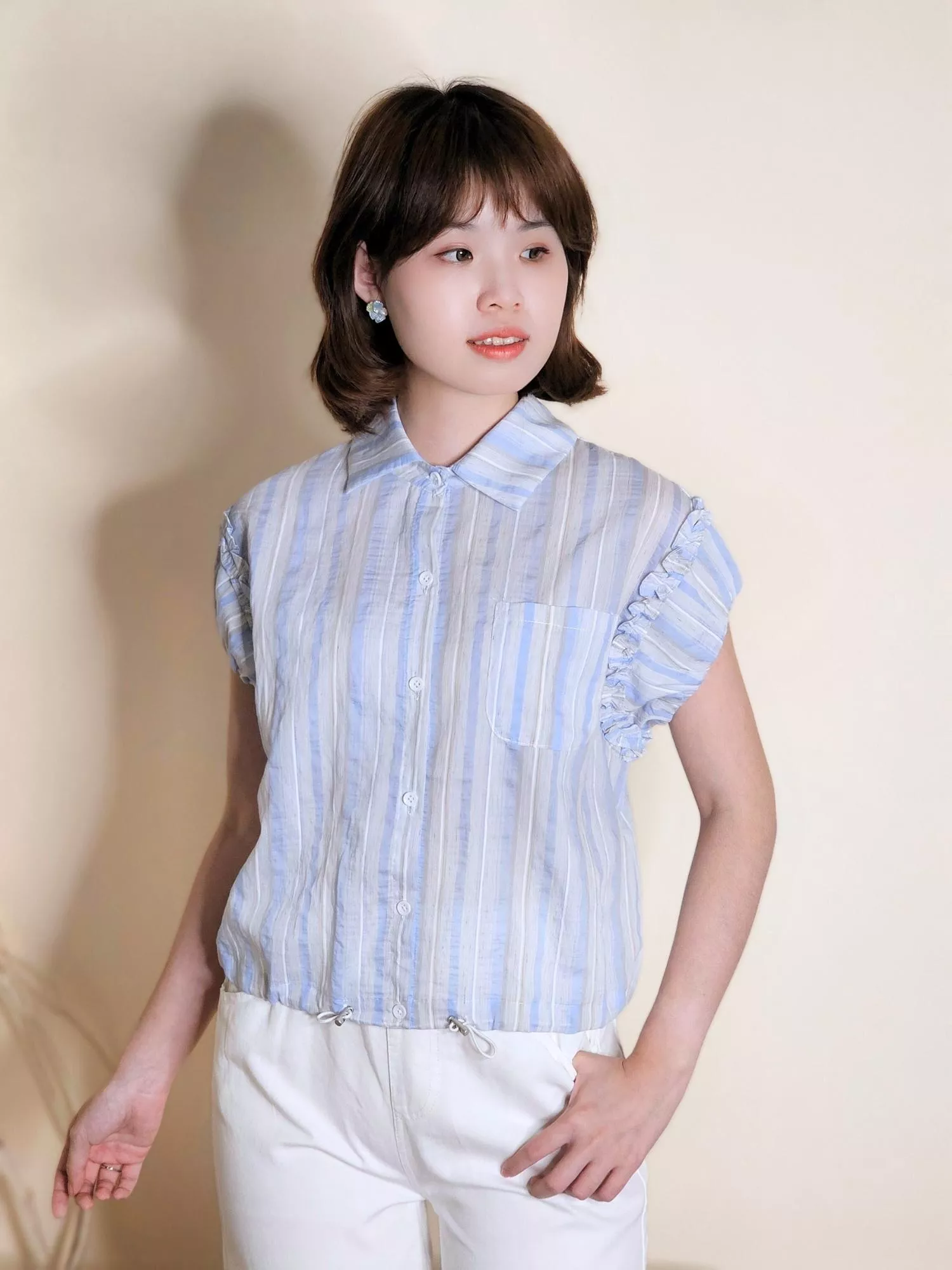晨曦藍詩 - 條紋短袖棉質襯衫