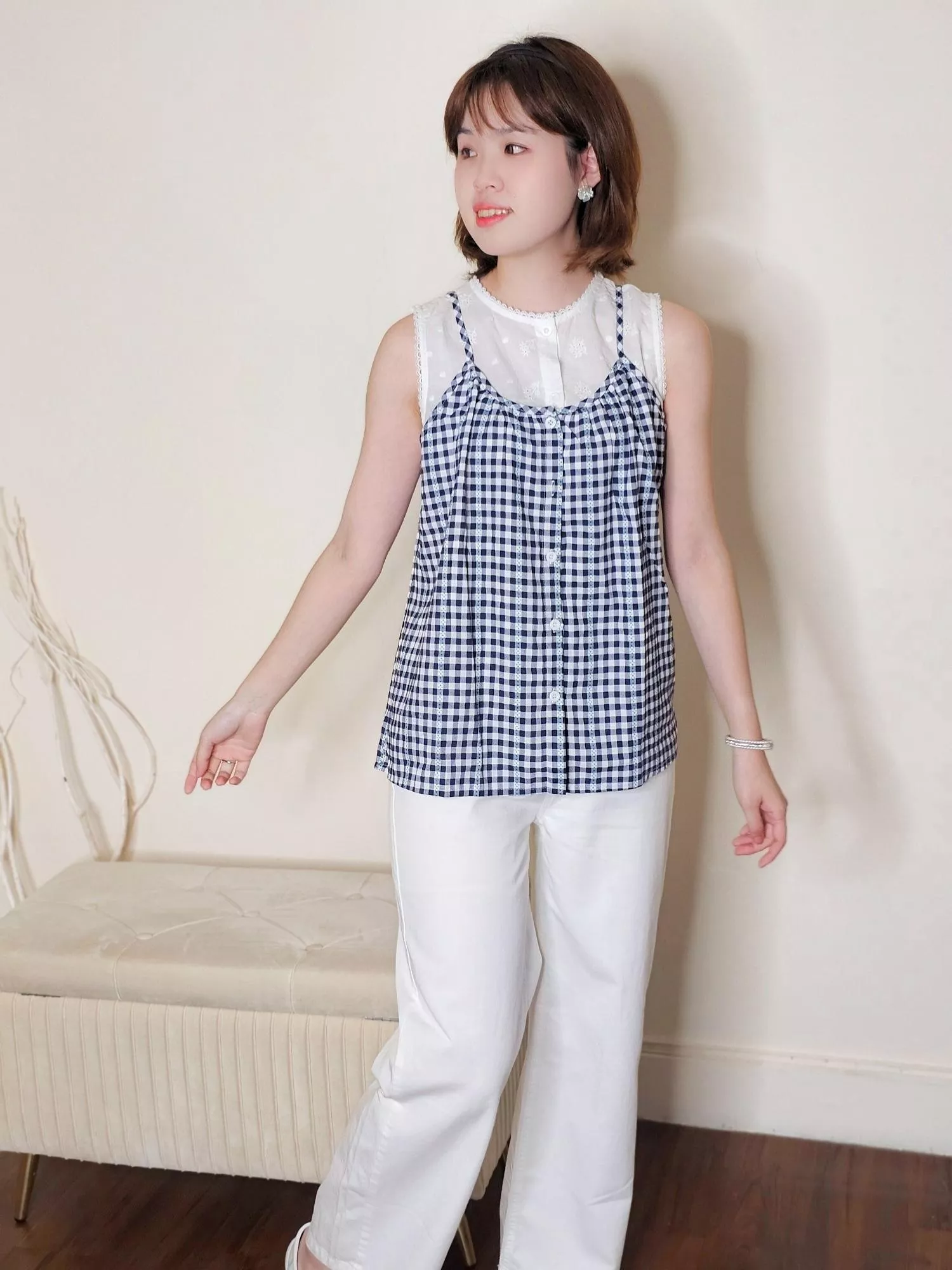 雲光蝴蝶結 - 白色牛仔長褲