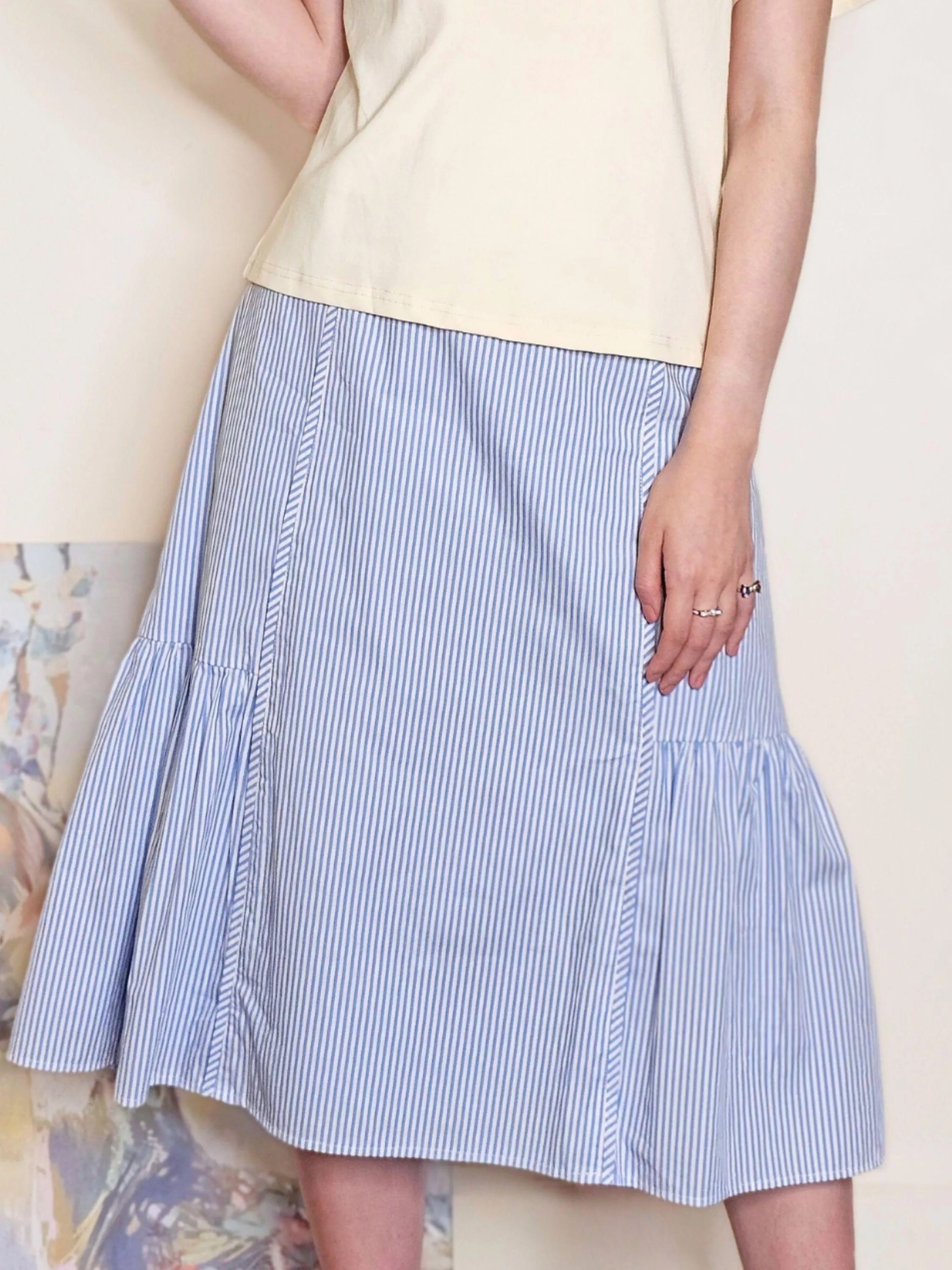早晨之約．條紋抓褶裙 (藍.黑色)
