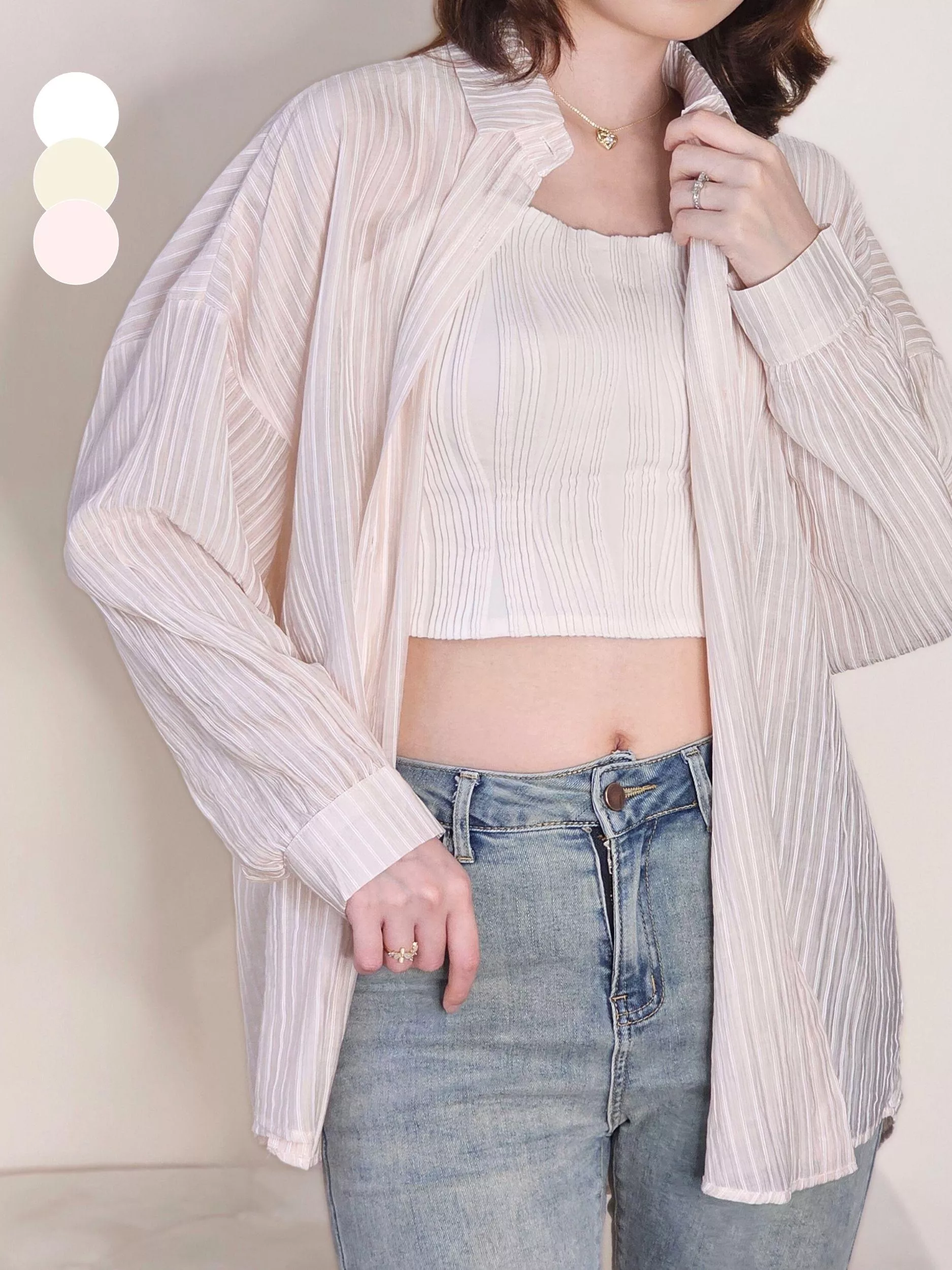 氣泡蘇打．長袖翻領薄襯衫 (黃.白.粉紅 三色)