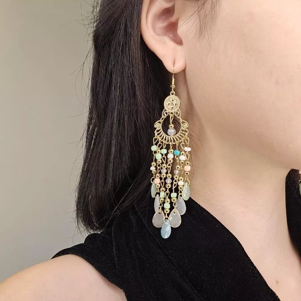 《暖曦花雨》多層珠串垂墜耳環