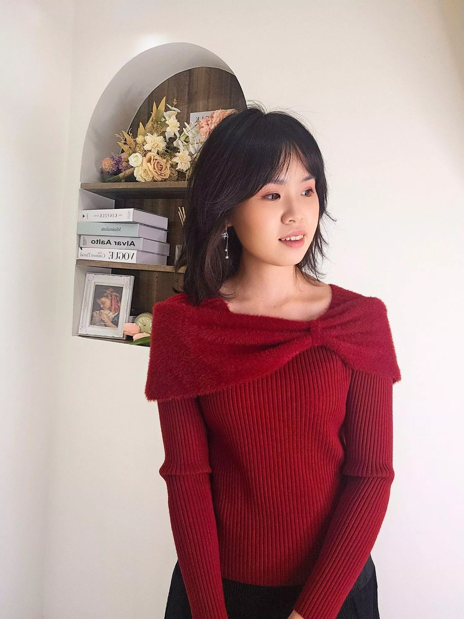 柔霧蝴蝶結針織上衣｜溫柔感層次穿搭 紅色/黑色