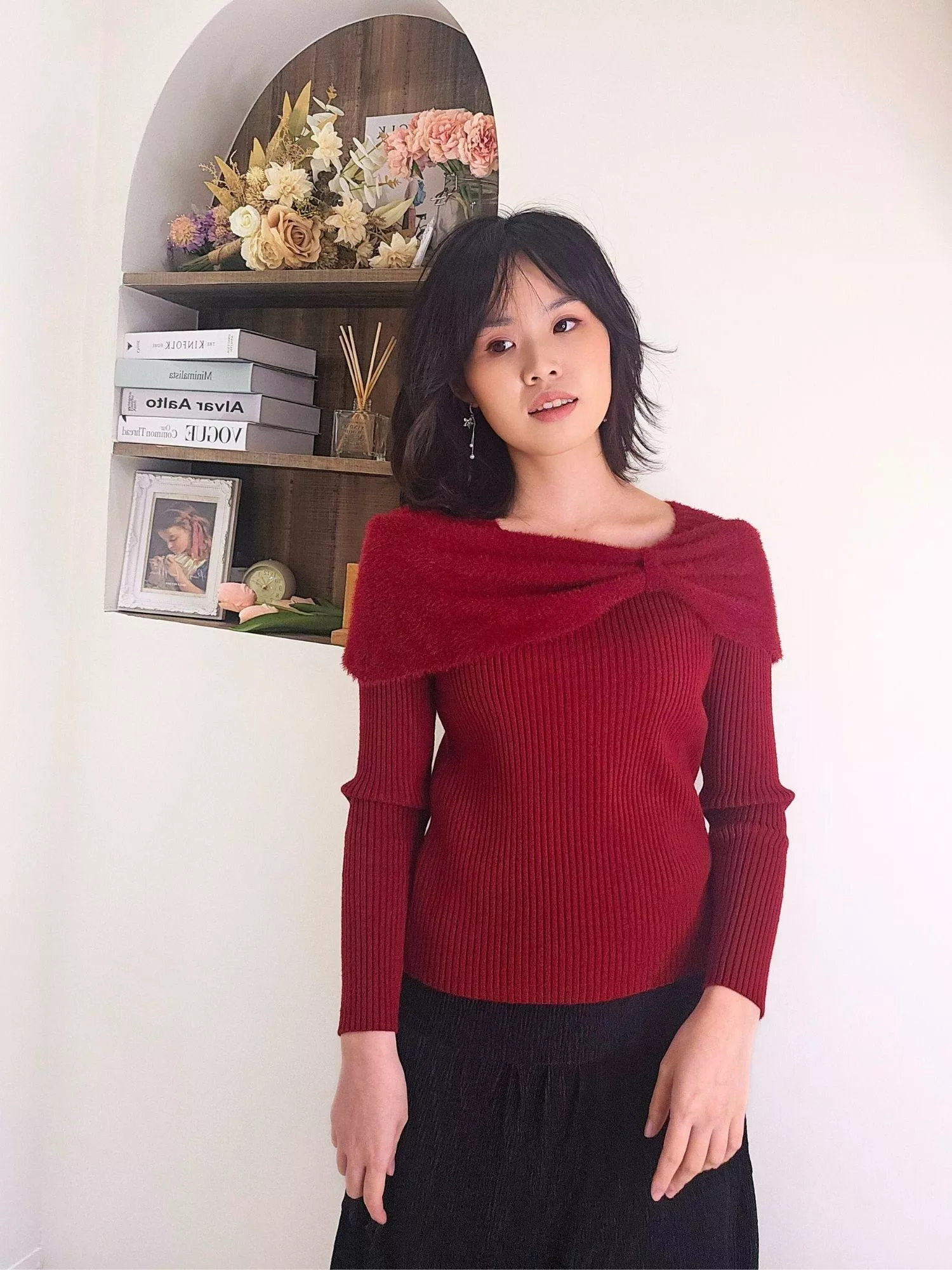 柔霧蝴蝶結針織上衣｜溫柔感層次穿搭 紅色/黑色