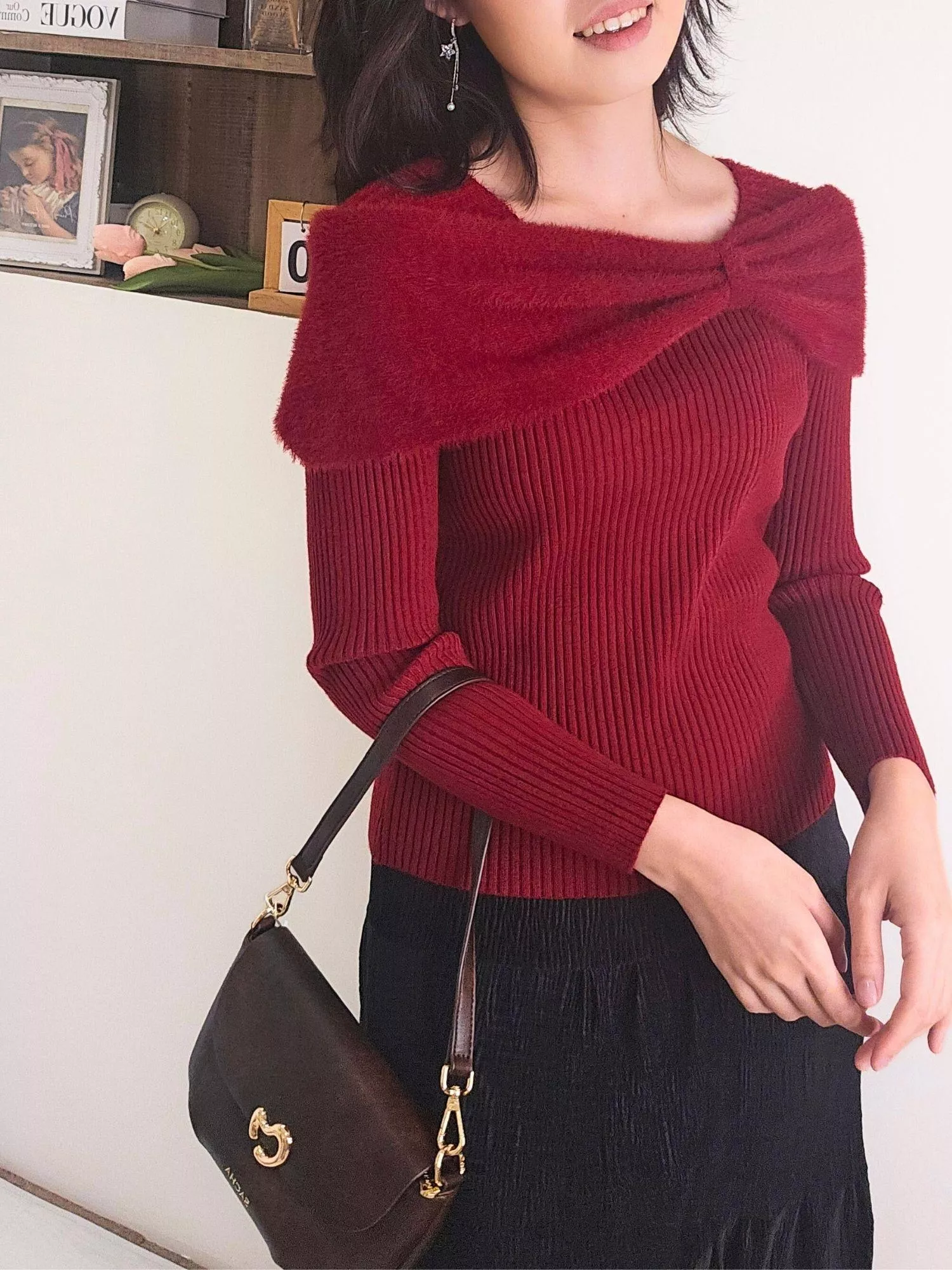 柔霧蝴蝶結針織上衣｜溫柔感層次穿搭 紅色/黑色