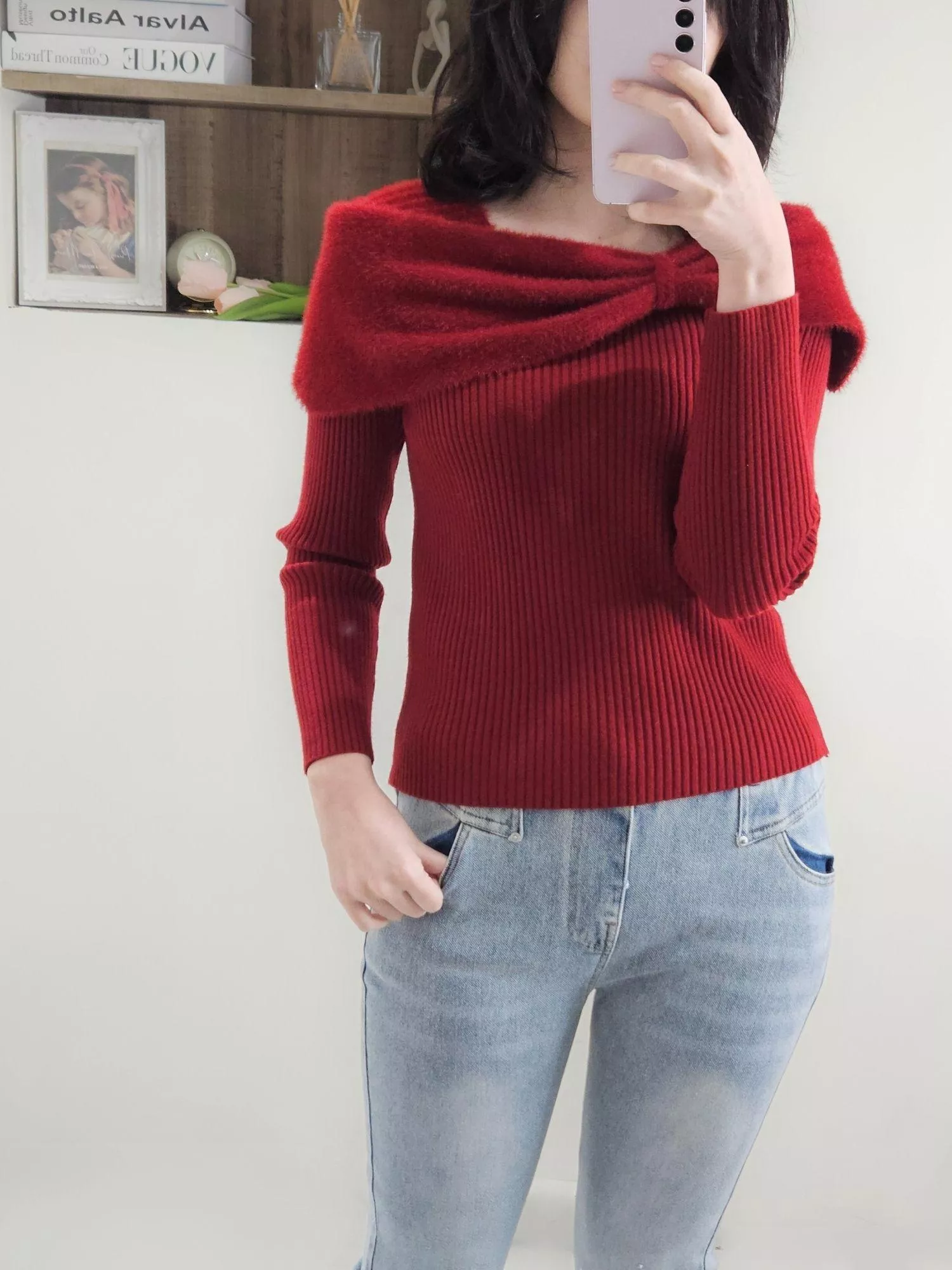 柔霧蝴蝶結針織上衣｜溫柔感層次穿搭 紅色/黑色