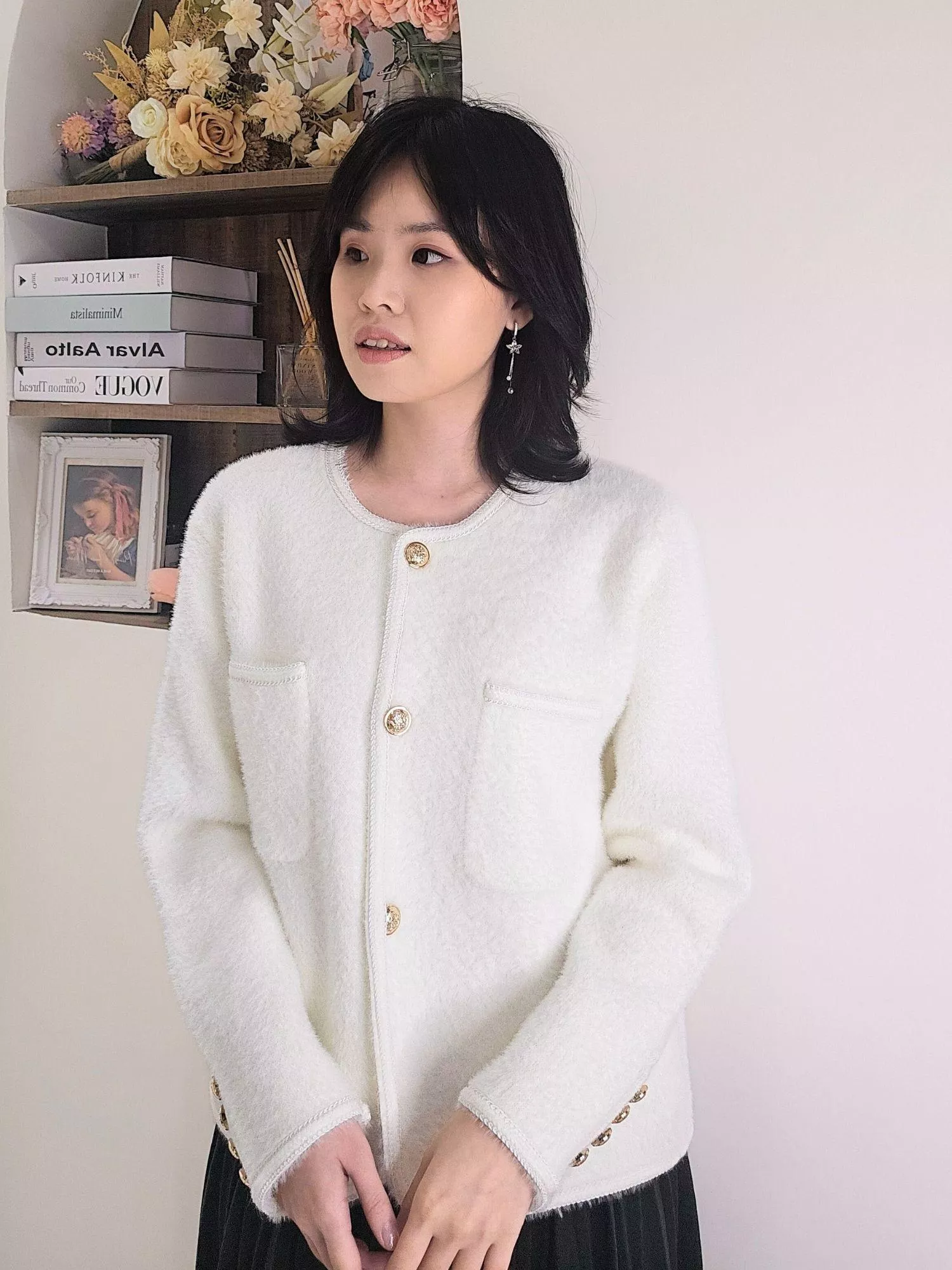 經典名媛金扣滾邊小香風針織外套 (白色/黑色)｜輕奢感OL必備・高質感外套