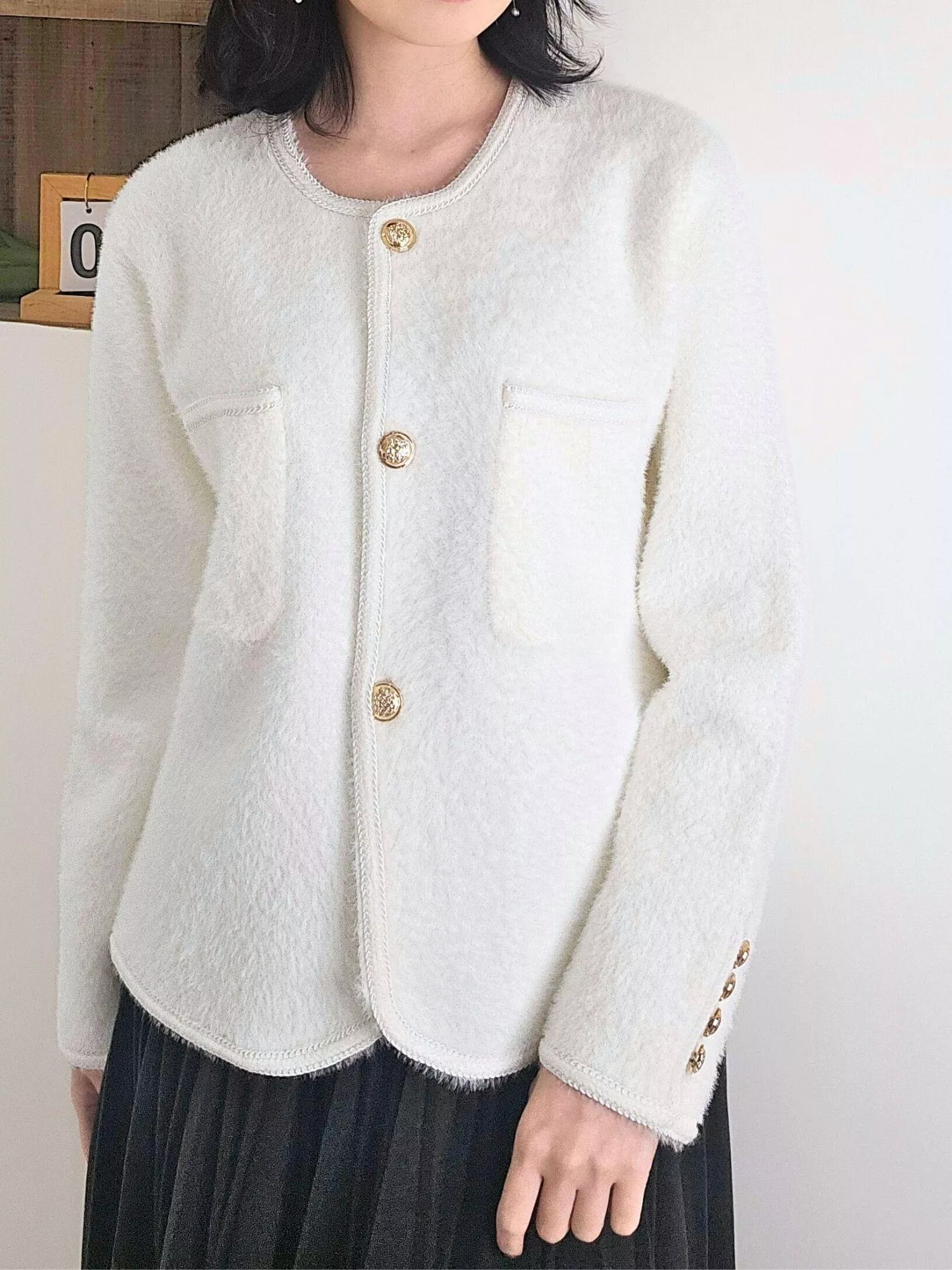 經典名媛金扣滾邊小香風針織外套 (白色/黑色)｜輕奢感OL必備・高質感外套