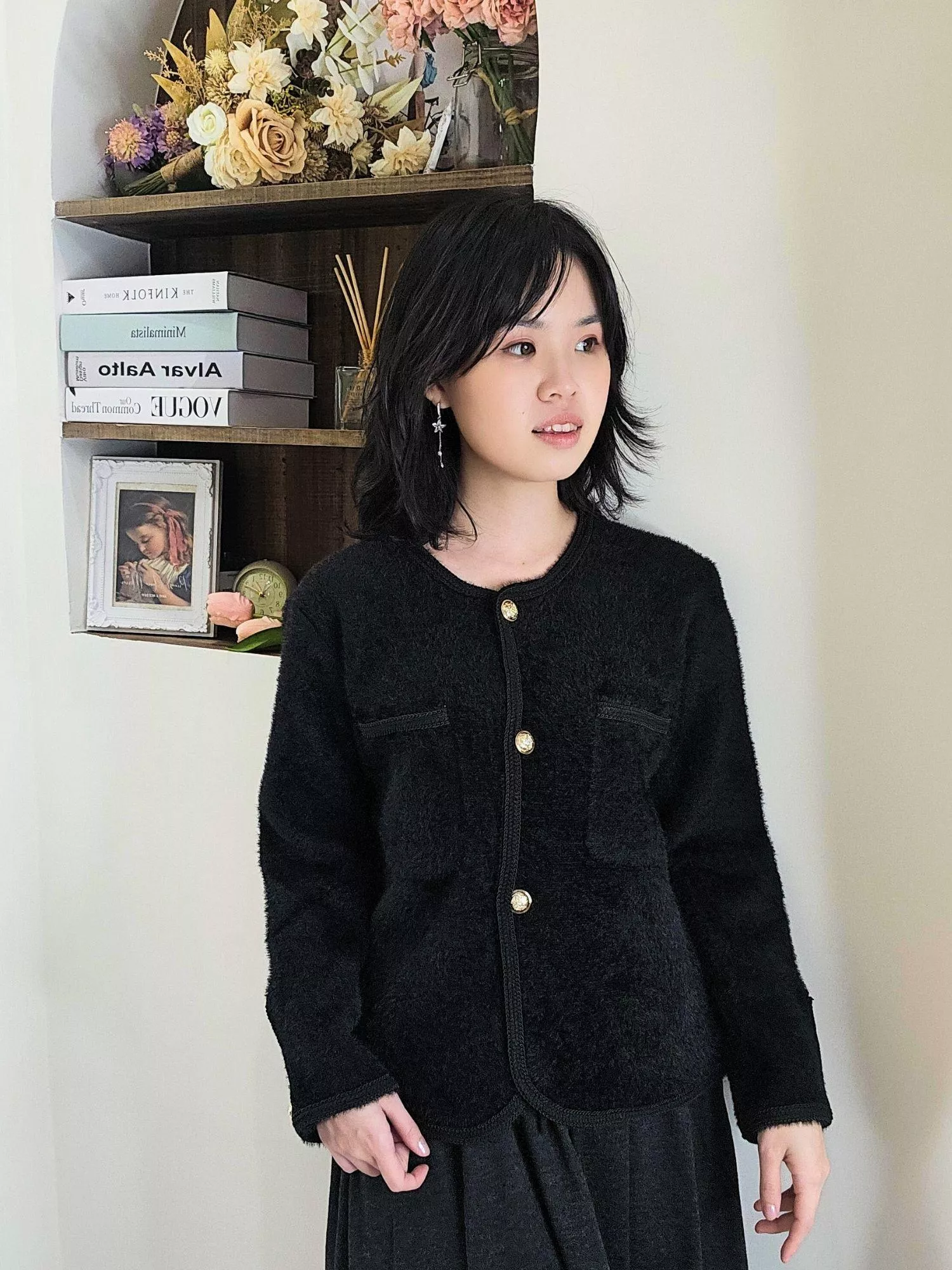 經典名媛金扣滾邊小香風針織外套 (白色/黑色)｜輕奢感OL必備・高質感外套