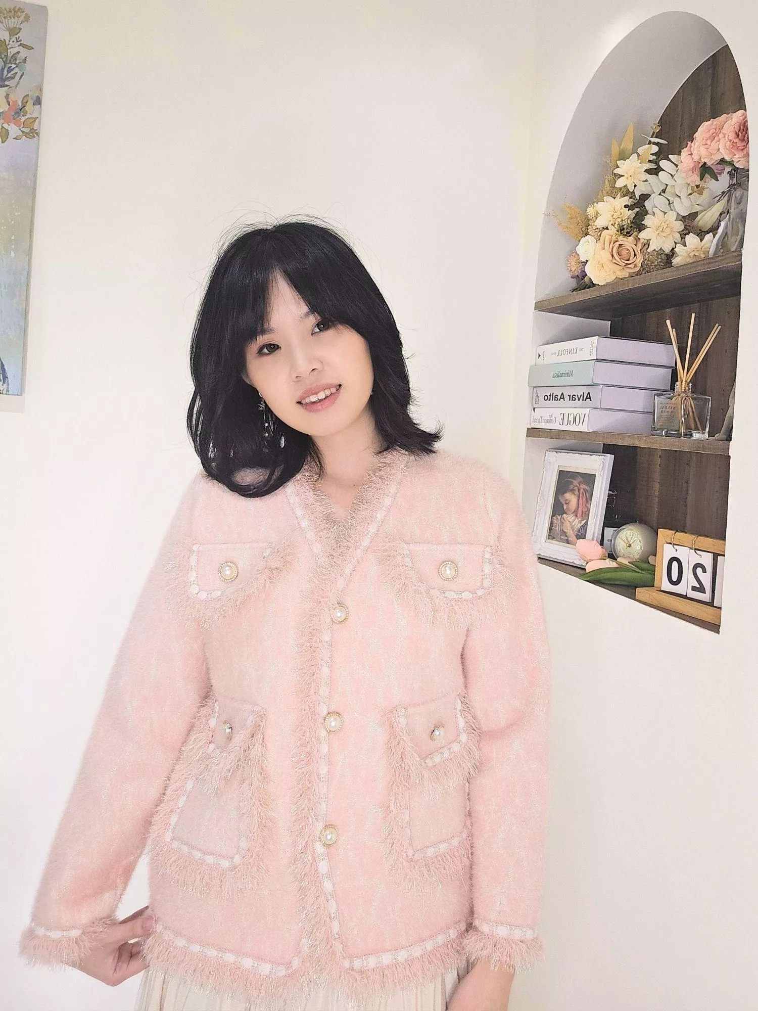 流蘇珍珠菱格小香風針織外套(白色/粉色)｜精緻珠光・千金風穿搭