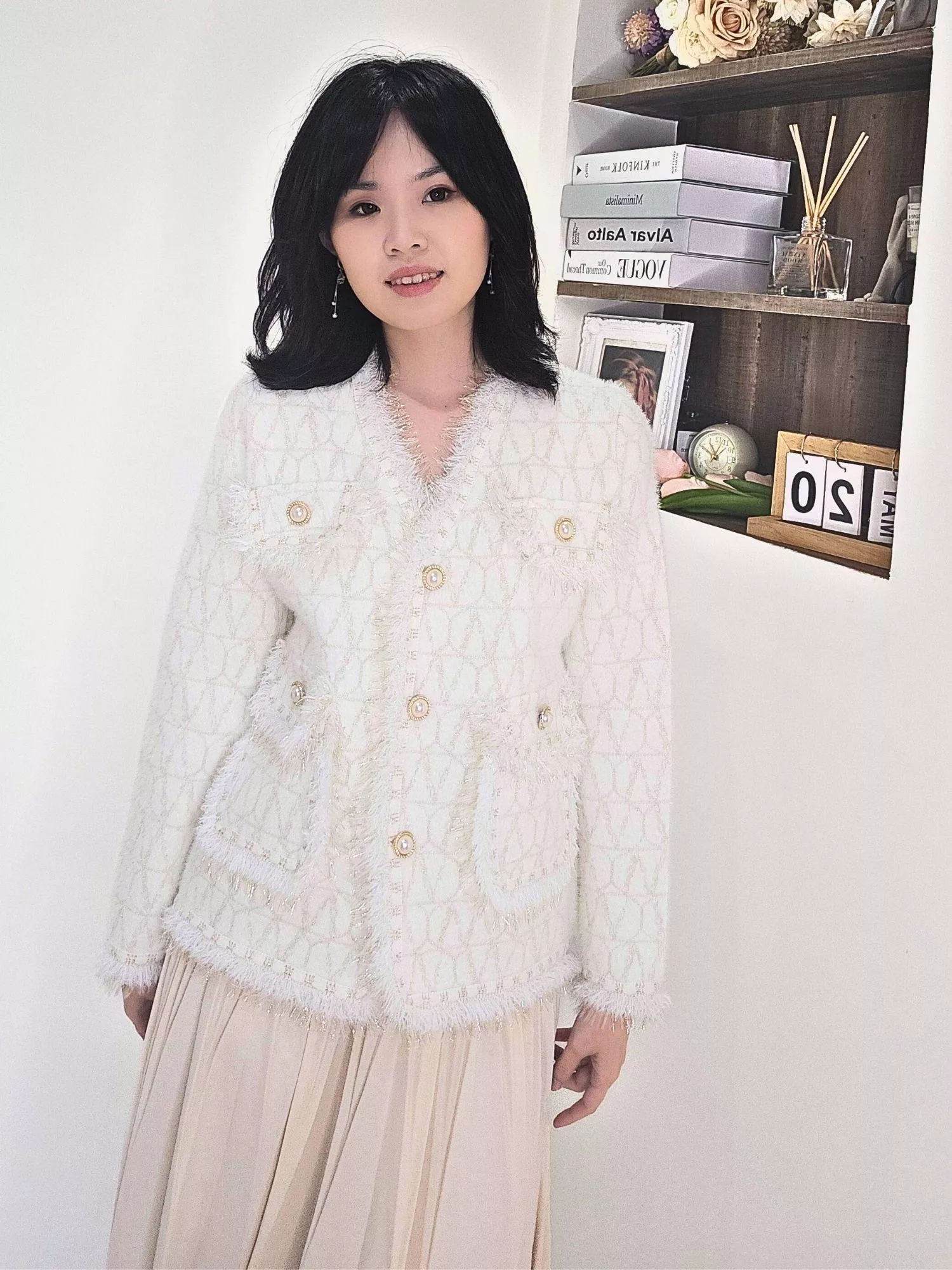 流蘇珍珠菱格小香風針織外套(白色/粉色)｜精緻珠光・千金風穿搭