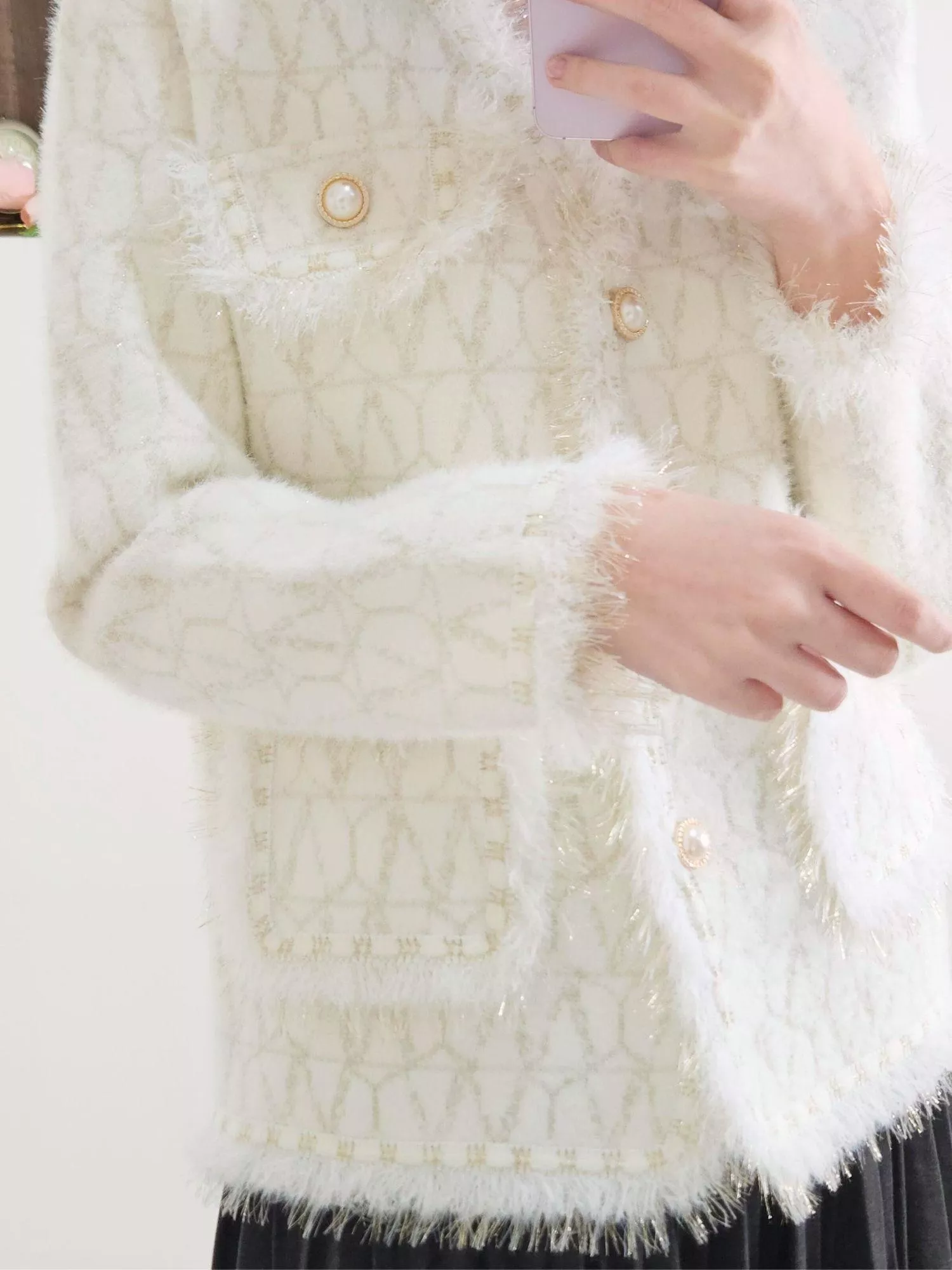 流蘇珍珠菱格小香風針織外套(白色/粉色)｜精緻珠光・千金風穿搭