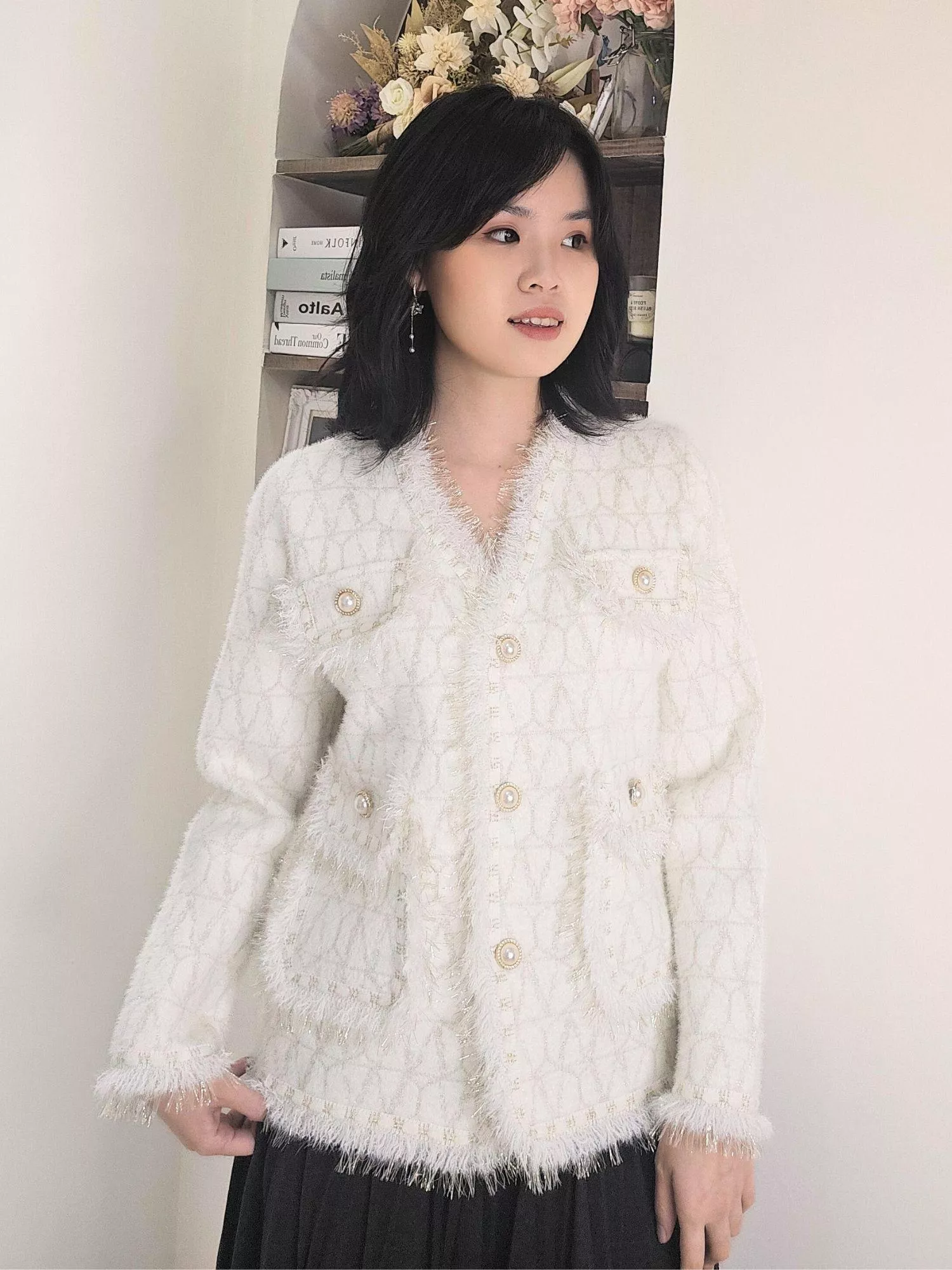 流蘇珍珠菱格小香風針織外套(白色/粉色)｜精緻珠光・千金風穿搭