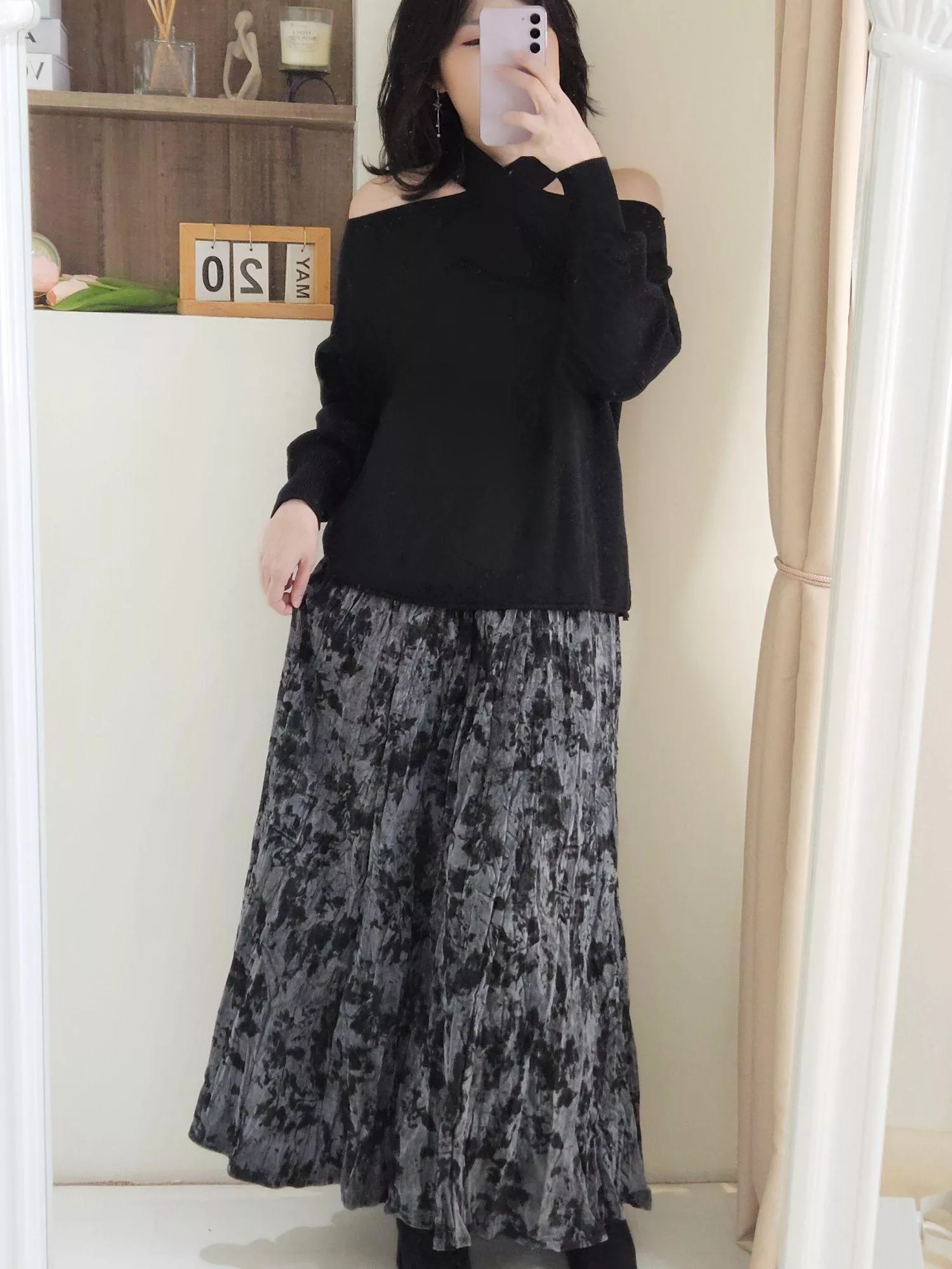 煙雨水墨感印花絲光長裙｜復古文藝氣息・高雅印花裙